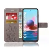 A flip-style phone case for a Xiaomi Redmi Note 10 is shown open, displaying the phone screen and card slots. Produktbild-Vorschau