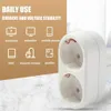 A product shot of a white multi-plug adapter with a marketing graphic overlay showing icons of various electronic devices. Produktbild-Vorschau