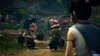 Three small, stylized characters are interacting in a forest clearing. One character is holding a small black creature, another is looking at the viewer with a smile, and a third character is partially visible on the right, facing away. Produktbild-Vorschau