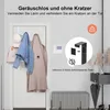 A hallway scene showing an over-the-door hook rack with clothes and a bag hanging on it, along with product information graphics and a bench. Produktbild-Vorschau