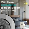 Interior scene with furniture, a lamp, and a ceiling fan, with text overlays. Produktbild-Vorschau