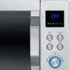 A close-up view of the control panel and door of a silver microwave oven. Produktbild-Vorschau
