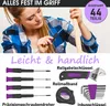 A woman is shown using a screwdriver, with various tools displayed below, suggesting a tool set. Produktbild-Vorschau