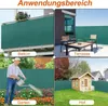 A collage of four images showing different applications of a green privacy screen. The top left shows it on a balcony, top right on a patio, bottom left in a garden with a person watering plants, and bottom right in a yard with a small shed. Produktbild-Vorschau
