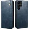 A blue leather flip wallet case for a Samsung Galaxy S24 Ultra is shown from two angles. Náhled obrázku produktu