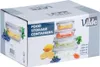 A product box for Vilde food storage containers, showing a stack of glass containers filled with food items and surrounded by fresh fruits and vegetables. Produktbild-Vorschau