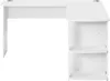 A white L-shaped desk with two shelves on the right side, shown from a slightly elevated side angle against a white background. Produktbild-Vorschau