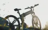 A black electric bicycle is positioned outdoors on rocks with dry grass and a bright sky in the background. Produktbild-Vorschau