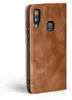 A close-up side view of a brown leather flip phone case for a Samsung Galaxy A20e. Produktbild-Vorschau