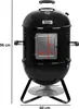 A black smoker grill with dimensions indicated by measurement lines and text. Produktbild-Vorschau