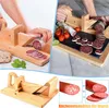 A collage of images showing a wooden sausage slicer in use and as a standalone product, with close-ups of sliced sausage. Produktbild-Vorschau