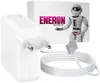 A white Macbook Pro charger and cable are shown next to a box with the brand logo and a robot mascot. Produktbild-Vorschau