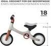 A beige and brown balance bike is shown against a white background. Text overlays provide product information. Produktbild-Vorschau