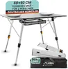 A camping table and its accessories displayed against a white background. Produktbild-Vorschau