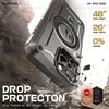 A phone case is shown in a dramatic, falling pose with debris around it, emphasizing its protective qualities. Produktbild-Vorschau