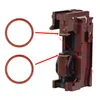 Two red o-rings are shown to the left of a brown coffee machine part, with red arrows pointing to where the o-rings are supposed to be installed on the coffee machine part. Produktbild-Vorschau