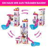 Three different configurations of a Barbie Dreamhouse toy building set are shown, with arrows indicating possible assembly variations. Podgląd zdjęcia produktu
