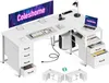 A white L-shaped desk with multiple drawers and shelves, set up with computer equipment. Podgląd zdjęcia produktu