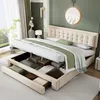 A bedroom scene featuring a bed with storage drawers open, showcasing the interior space and contents. Produktbild-Vorschau