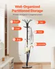 A black coat rack with various items hanging on it, including a coat, bag, and umbrella. Text overlays describe the features of the coat rack. Anteprima dell’immagine prodotto