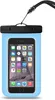 A light blue waterproof phone pouch with a smartphone inside, attached to a black lanyard. Produktbild-Vorschau