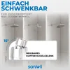 A shower head and its adjustable joint are shown in a bathroom setting, with text highlighting its features. Produktbild-Vorschau