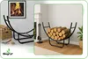 Collage showing a modern black metal firewood rack with logs, next to a fireplace with tools, and a separate image of an empty rack with a basket of logs and tools. Podgląd zdjęcia produktu