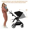 A woman holding a baby next to a stroller, with graphics indicating adjustable features. Anteprima dell’immagine prodotto