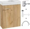 A bathroom vanity with a sink, faucet, and plumbing accessories, presented against a white background. Produktbild-Vorschau