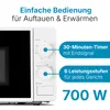 A close-up marketing image of a white microwave oven, highlighting its features with text overlays. Produktbild-Vorschau