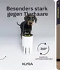 A Doberman dog stands next to a white air purifier with a yellow ring on top. The background is a light gray. Text and graphics highlight the product's features. Produktbild-Vorschau