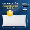 A white pillow is shown against a dark blue background with stars, indicating a nighttime or sleep theme. Text and logos are overlaid on the image. Produktbild-Vorschau
