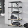 A metal shelving unit with various items stored on its shelves, set against a concrete wall. Podgląd zdjęcia produktu