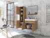 A modern bathroom with a wood-tone vanity, sink, mirror, and storage cabinet. Náhled obrázku produktu