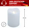 A white LED candle with a flame is shown, with text overlays indicating support and dimensions. Produktbild-Vorschau