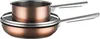 A set of copper-colored pots and pans with silver handles, stacked on a white background. Anteprima dell’immagine prodotto