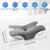 A pillow on a bed with informational icons and text overlays. Produktbild-Vorschau