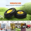 Two black and yellow wheels are shown in the foreground on a grassy hill, with a collage of different applications for the wheels below. Produktbild-Vorschau