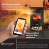 A hand holding a smartphone displaying a heating app, with an electric fireplace in the background. Produktbild-Vorschau