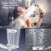 A woman is taking a shower, with close-ups of shower heads comparing water flow. Produktbild-Vorschau