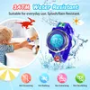 A child is washing their hands at a sink, while a blue dinosaur-themed watch is displayed prominently with water splashes around it. Icons indicating water resistance limitations are shown at the bottom. Produktbild-Vorschau