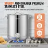 A stainless steel pot on a stovetop, with text overlays describing its features and compatibility. Voir les images du produit