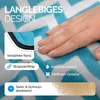 A hand touching a picnic blanket with text overlays describing its features. Produktbild-Vorschau