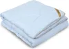 A folded light blue comforter with a gray trim and a gold tag on the corner. Podgląd zdjęcia produktu