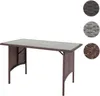 A brown poly-rattan dining table with a glass top, shown against a white background. Three circular swatches showing different color options for the rattan are displayed on the right side of the image. Produktbild-Vorschau