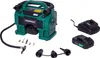 A green portable air compressor with accessories and two batteries on a white background. Produktbild-Vorschau
