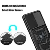 A black phone case with a camera slider and ring holder, shown with inset images demonstrating the slider's removability and installation. Produktbild-Vorschau