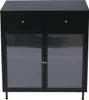 A black sideboard with two drawers and two glass doors, standing on thin metal legs. Podgląd zdjęcia produktu