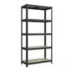 A black metal shelving unit with wooden shelves against a white background. Náhled obrázku produktu