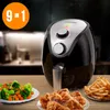An air fryer is shown on a wooden table with plates of food in front of it. Produktbild-Vorschau